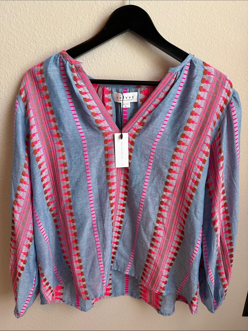 Velvet by Graham & Spencer Light Blue Tunic with Pink & Red Stripes